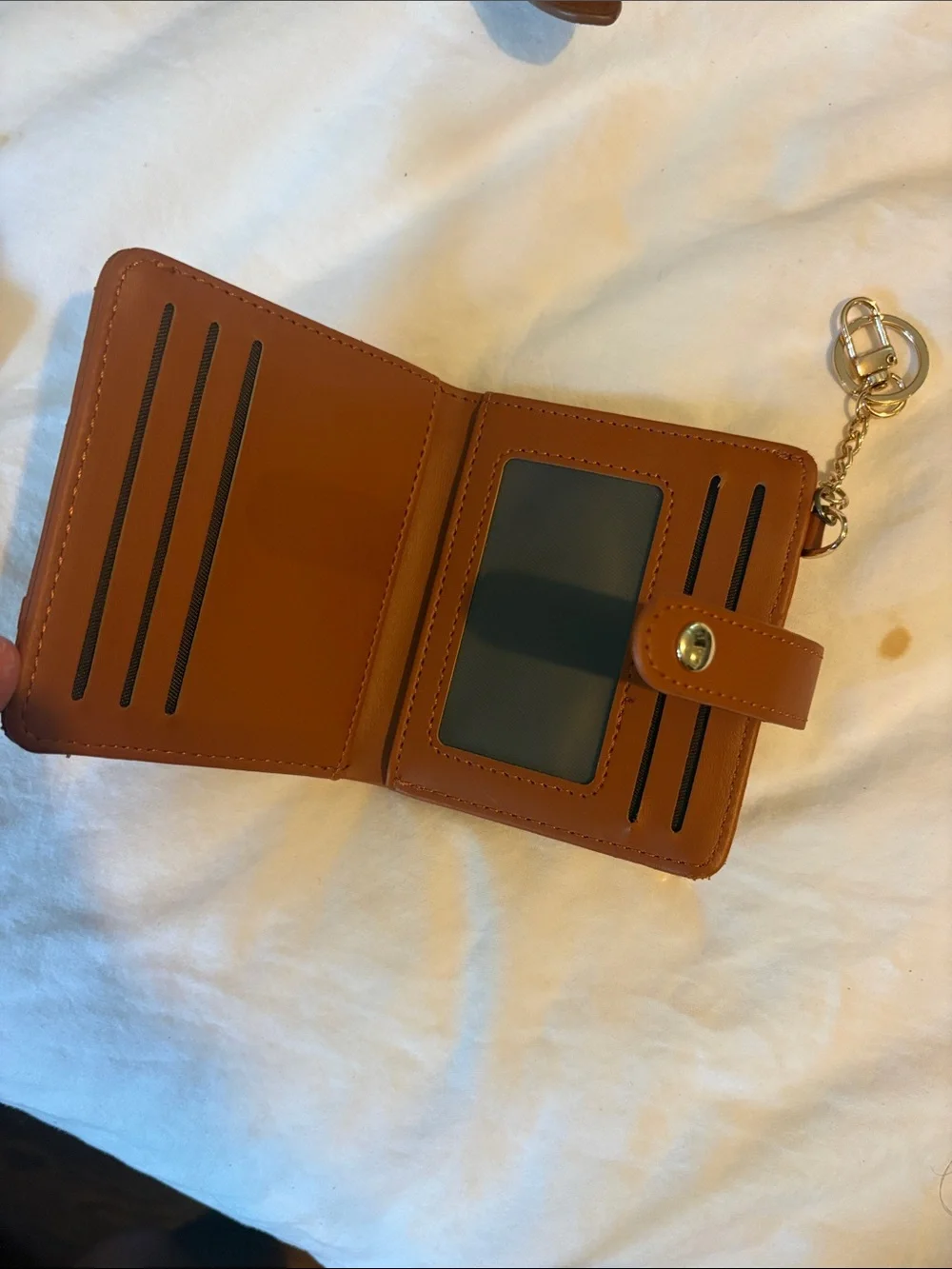 Women's Tan Faux Leather Card & Key Holder with Snap Strap